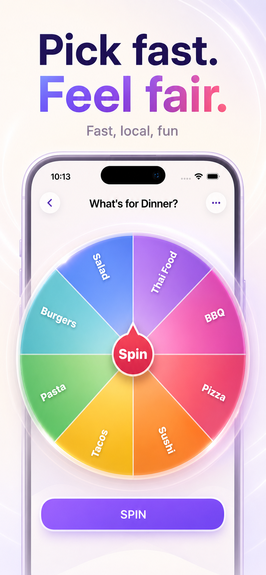 GoSpinWheel iPhone app showing a colorful dinner spin wheel