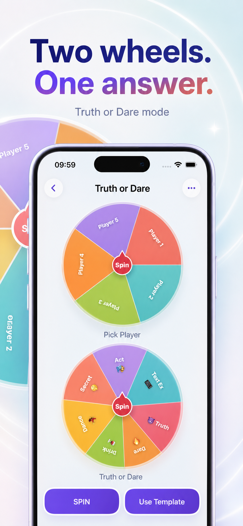 GoSpinWheel iPhone app showing two random picker wheels