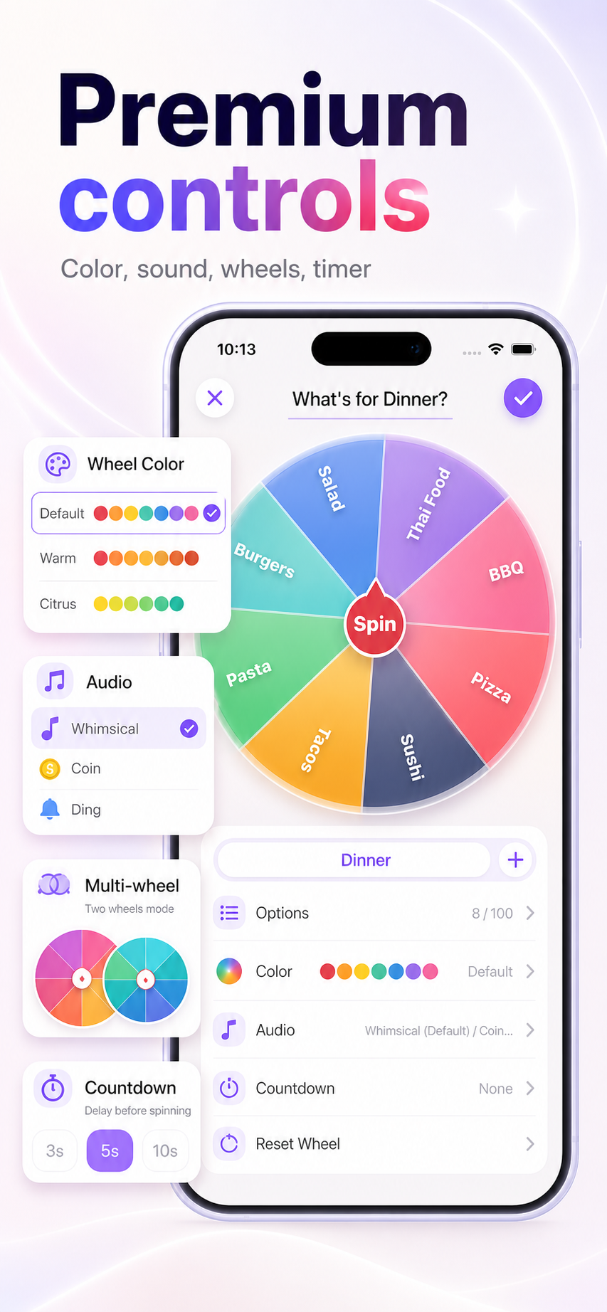 GoSpinWheel iPhone app controls for color, audio, multi-wheel, and countdown