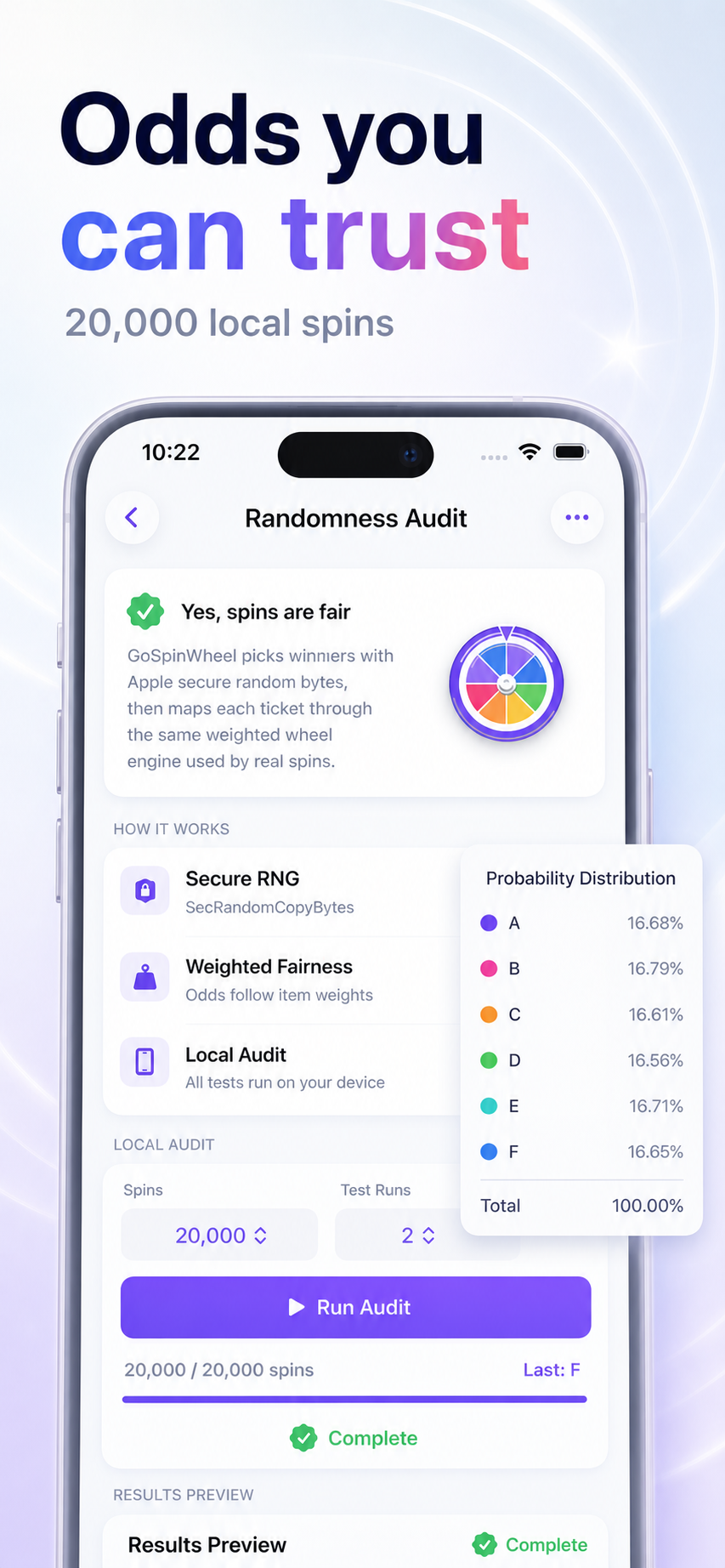 GoSpinWheel iPhone app randomness audit screen with probability distribution