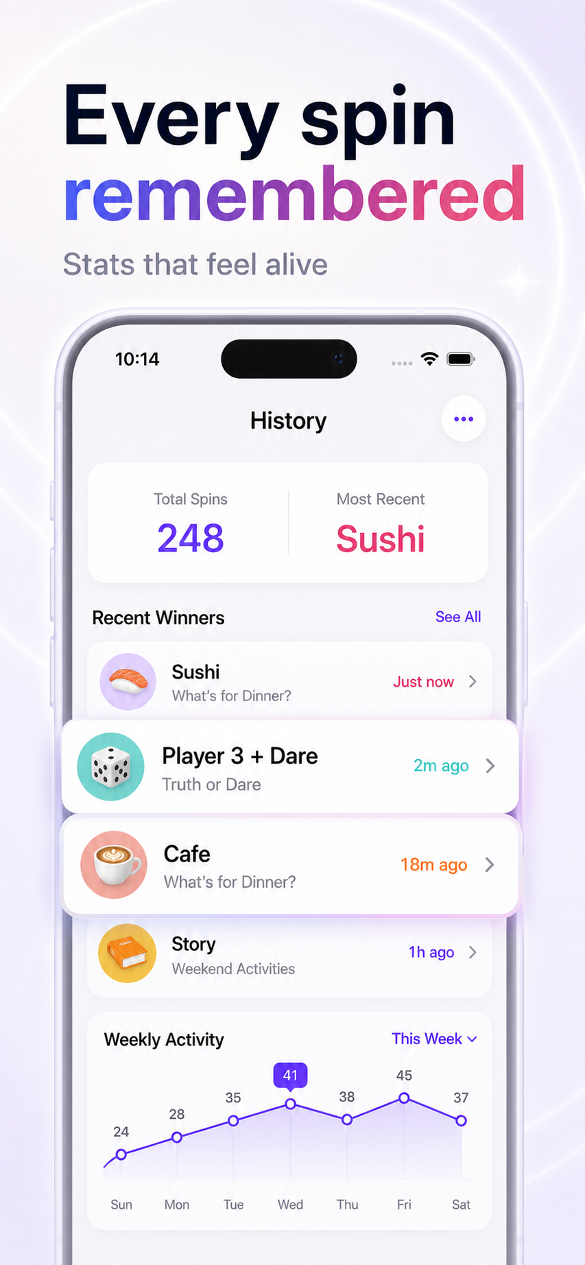 GoSpinWheel iPhone app history screen with recent spin winners