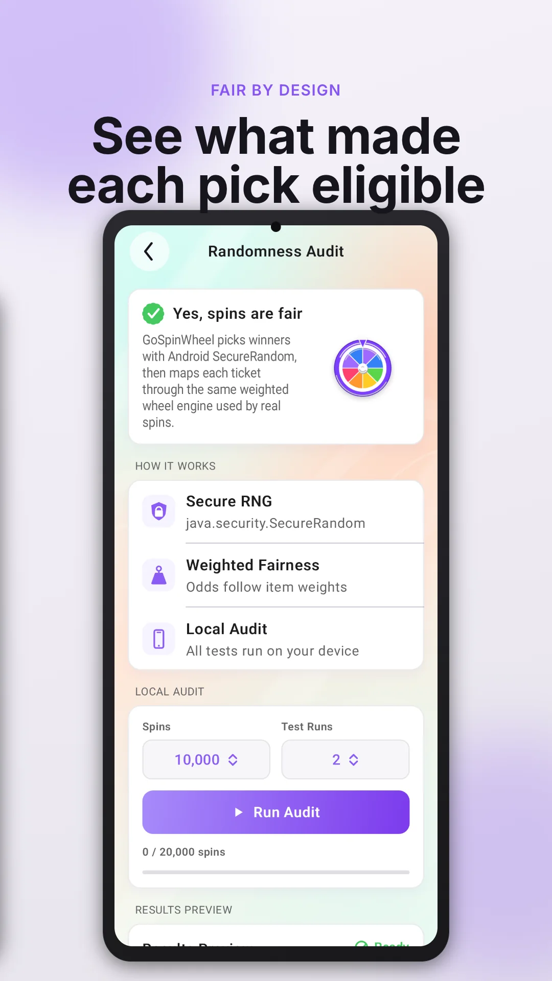 GoSpinWheel Android randomness audit showing eligible weighted choices