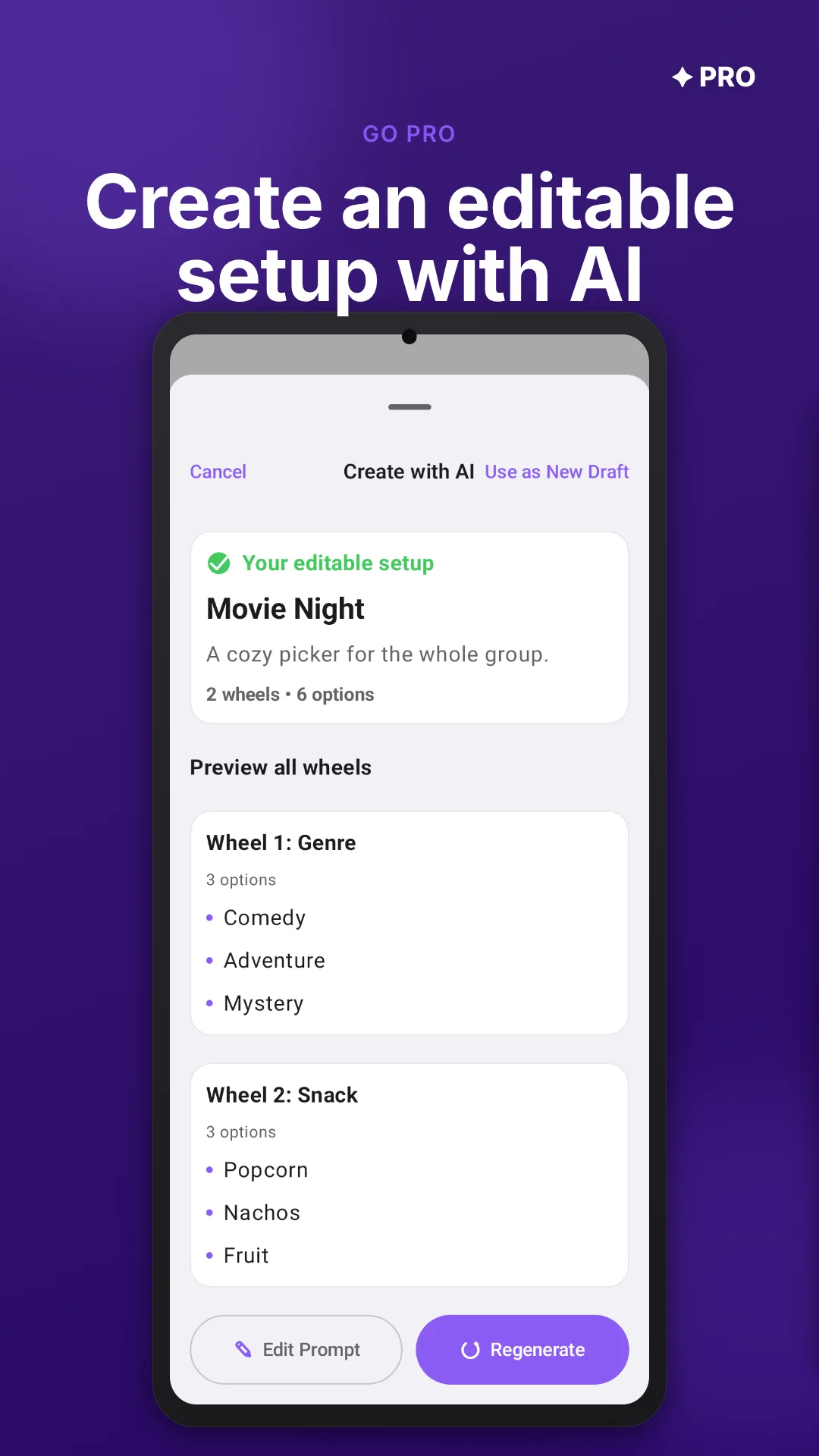 GoSpinWheel Android Create with AI preview for an editable wheel setup