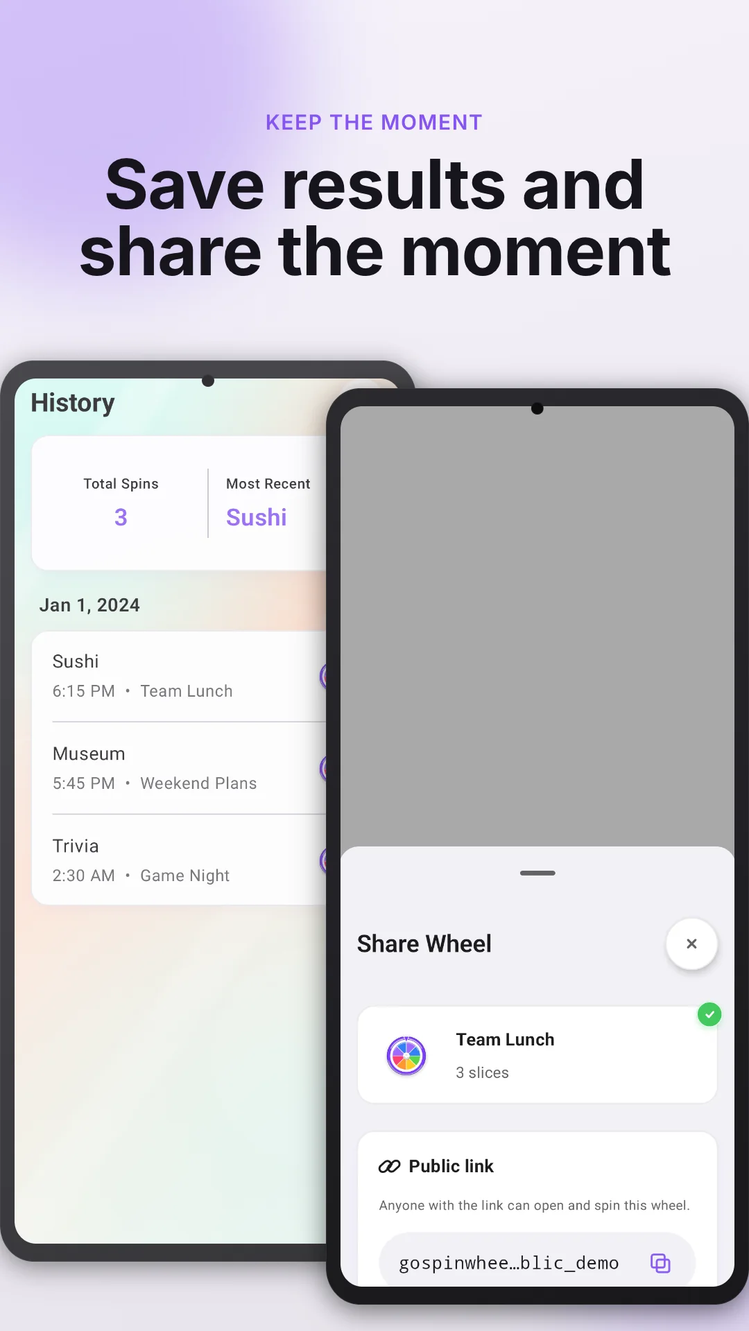 GoSpinWheel Android app showing local result history and sharing