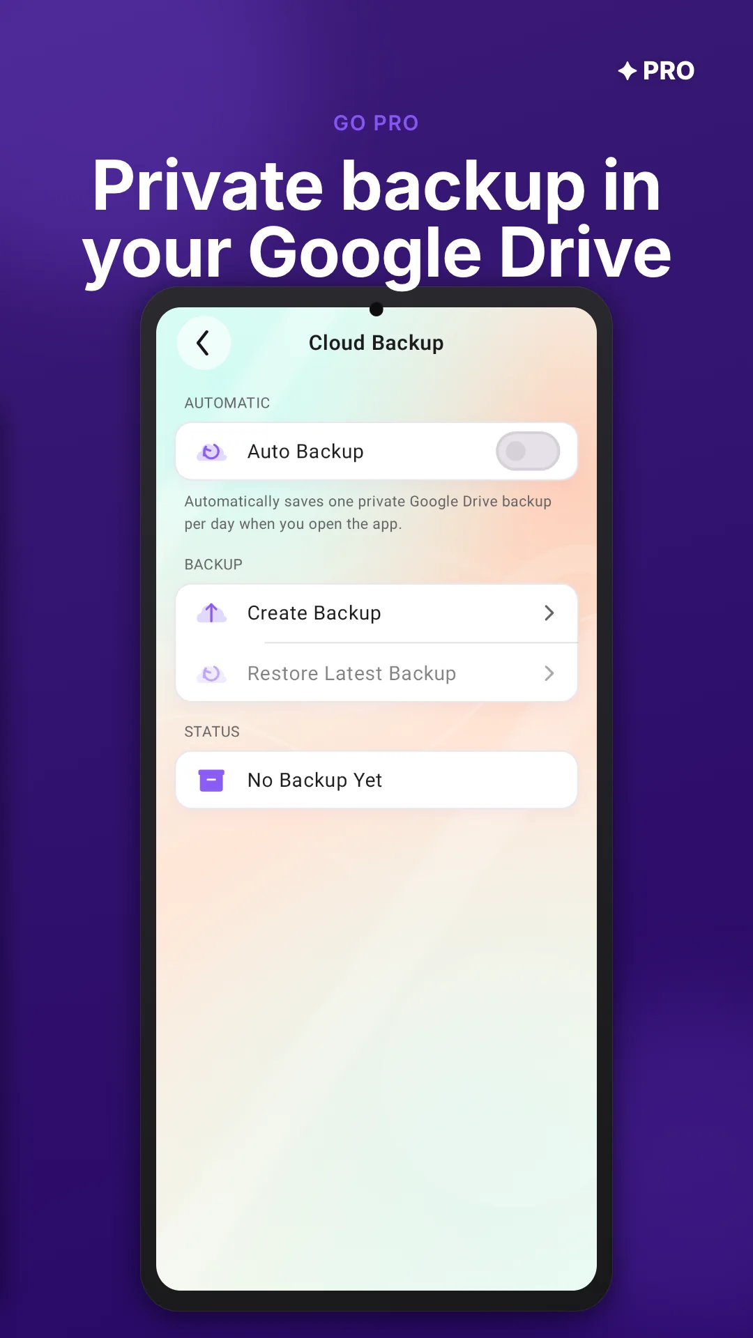 GoSpinWheel Android settings for private Google Drive backup