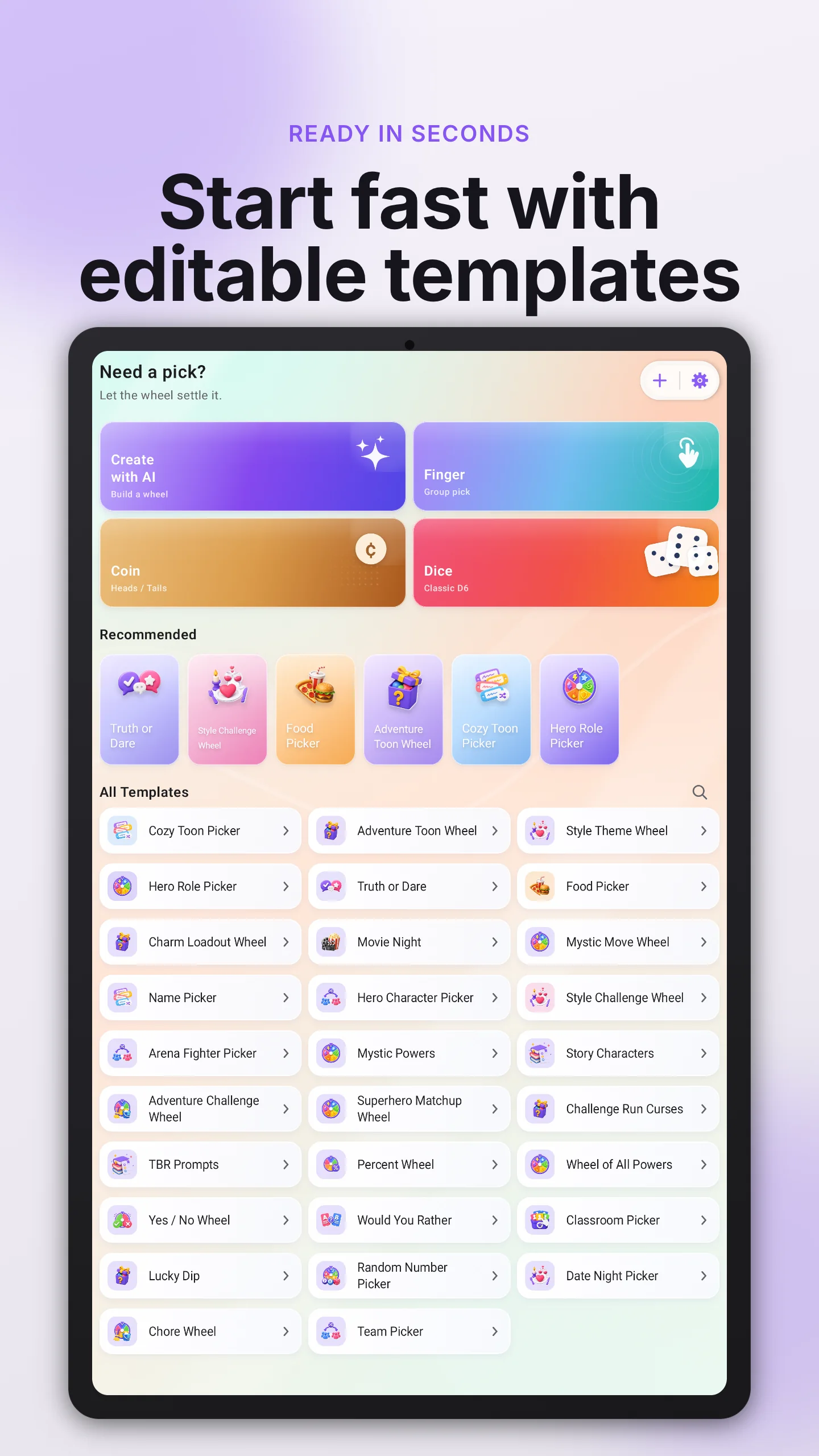 GoSpinWheel Android tablet app showing editable wheel templates
